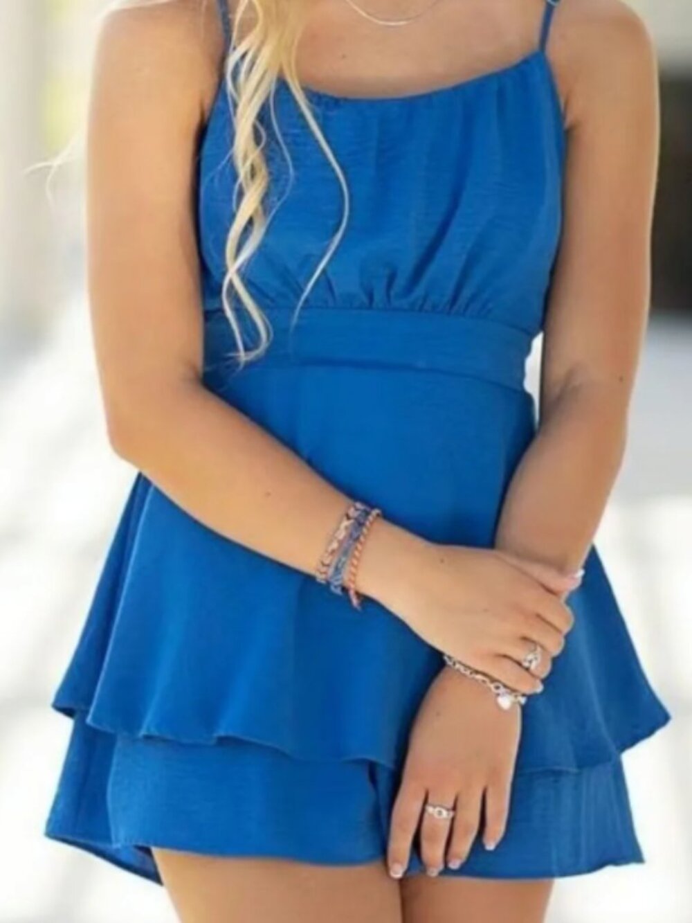 Altar'd State Blue Tiered Romper Women's Extra Small Adjustable Strap Flowy